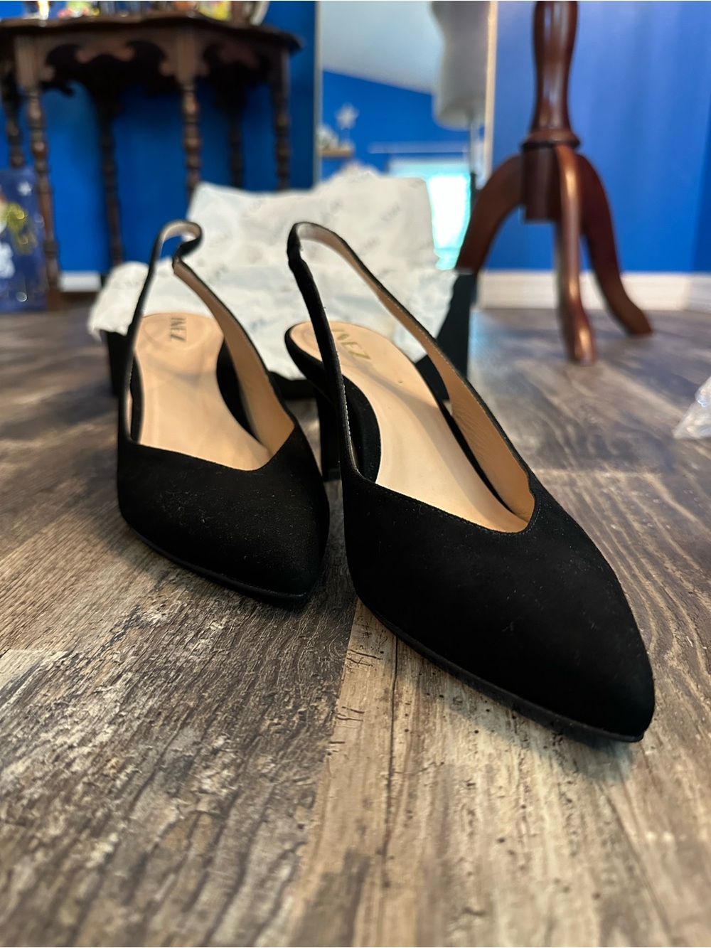 INEZ Black Suede Slingback Pumps